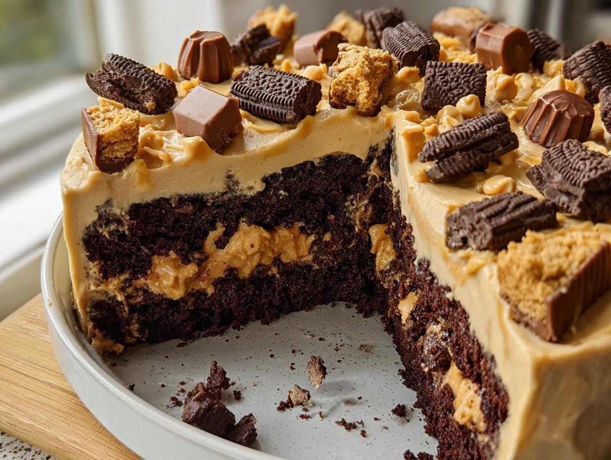 A rich chocolate cake with peanut butter frosting and candy toppings, a slice removed.