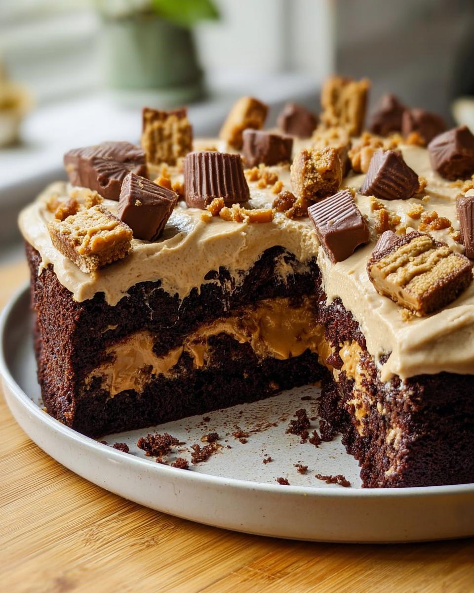 A decadent chocolate cake with peanut butter frosting, topped with chocolate candies and cookie crumbles. A slice is cut out, revealing layers of cake and peanut butter filling.