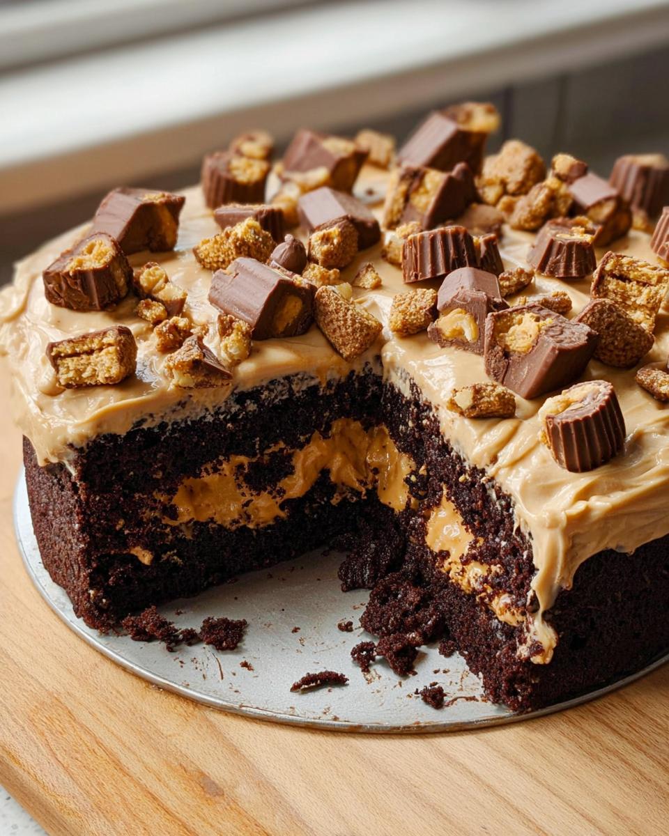 A rich chocolate cake with peanut butter filling and frosting, topped with chopped peanut butter cups. A perfect cake idea recipe.
