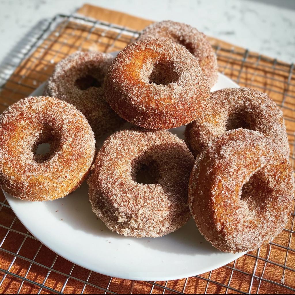 A plate of freshly made cinnamon sugar donuts, a perfect addition to breakfast ideas recipes.