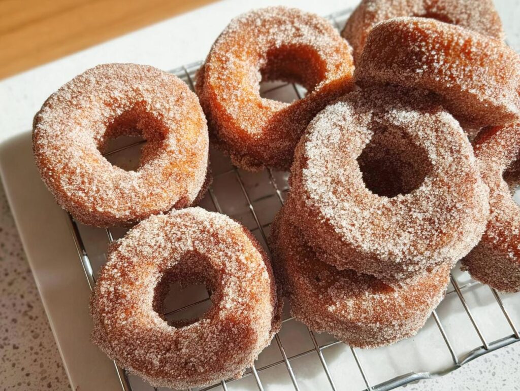A pile of freshly made cinnamon sugar donuts cooling on a wire rack, perfect for breakfast ideas.