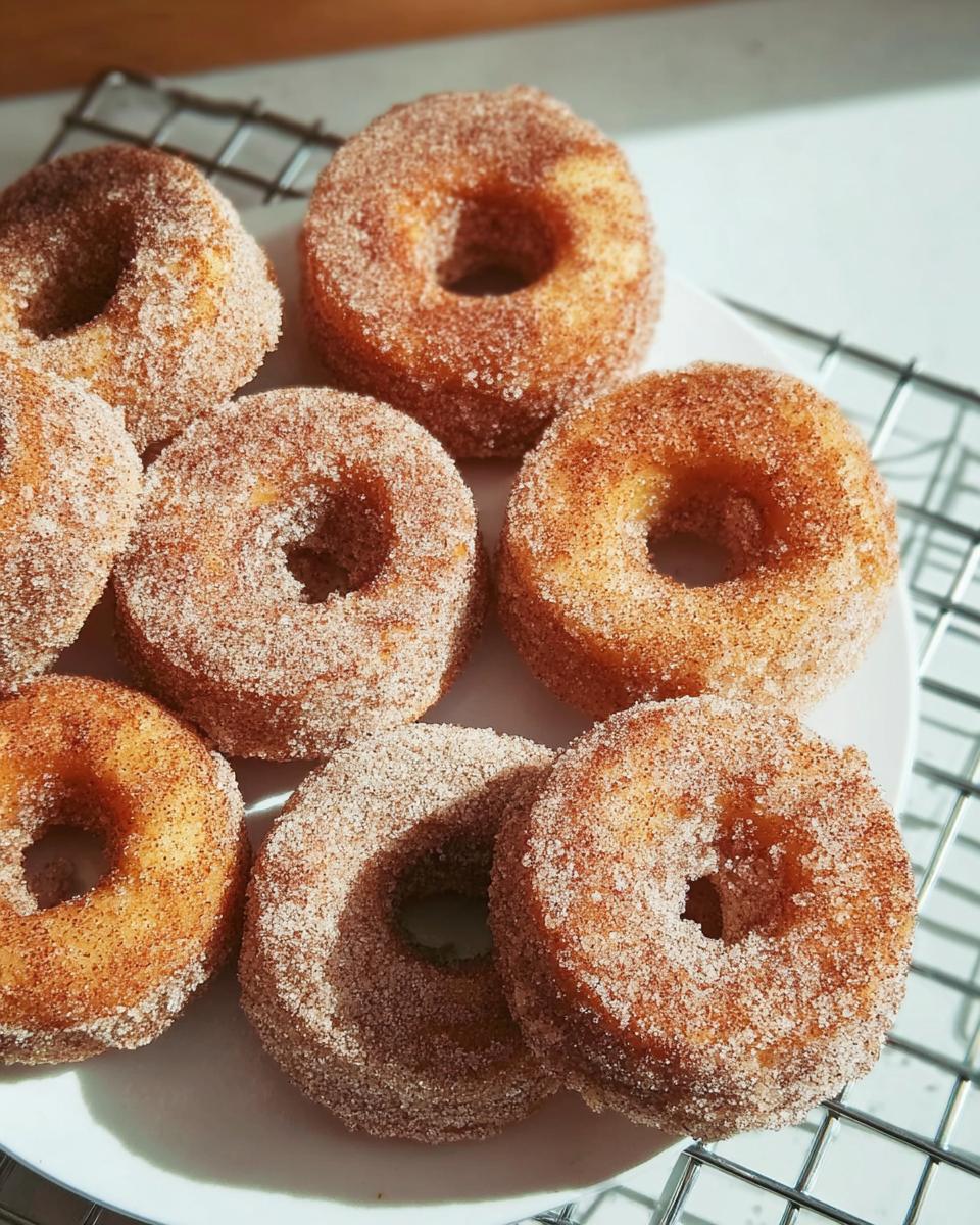 A plate of freshly made cinnamon sugar donuts, perfect for breakfast ideas recipes.