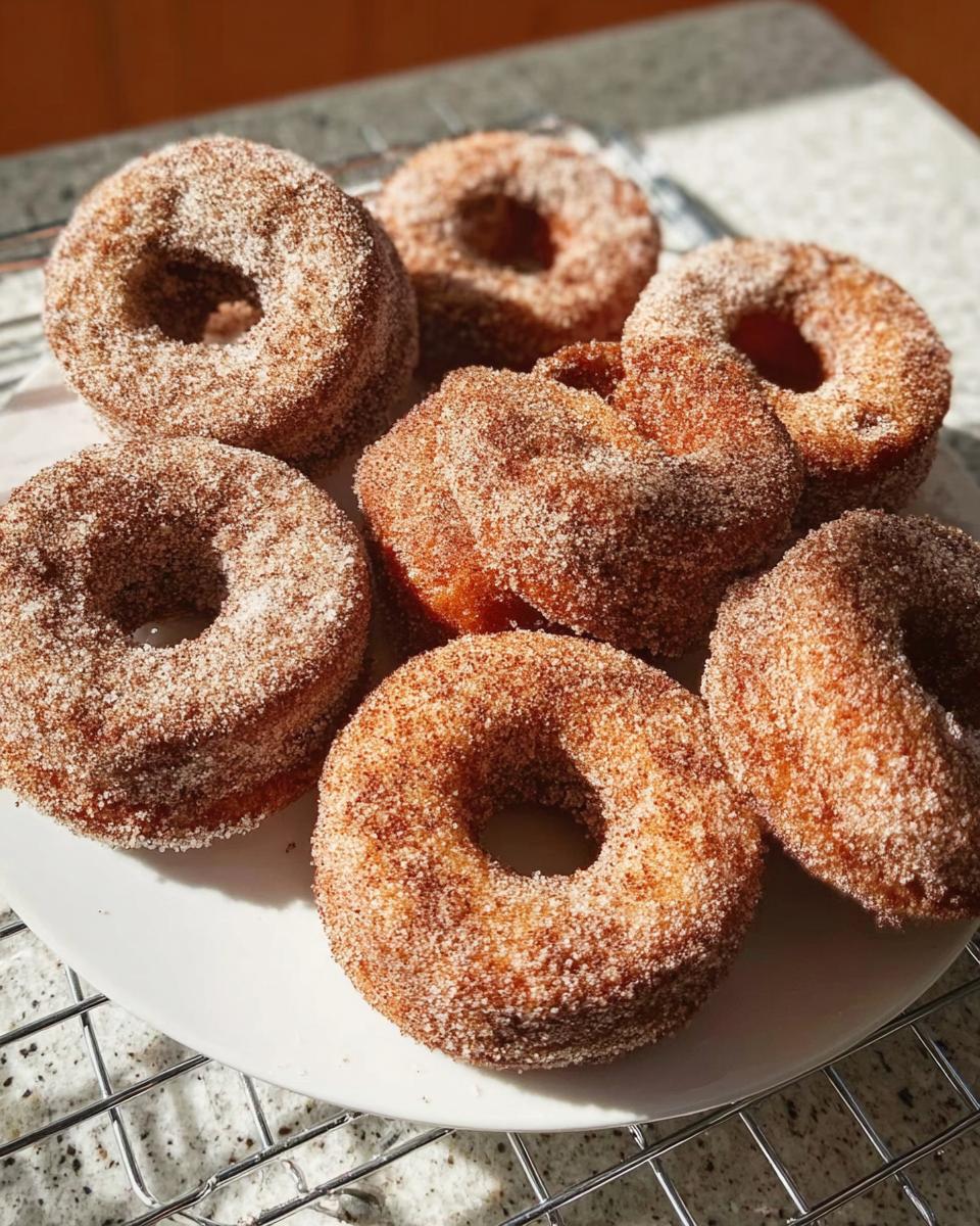 A plate of freshly made cinnamon sugar donuts, a perfect addition to breakfast ideas recipes.
