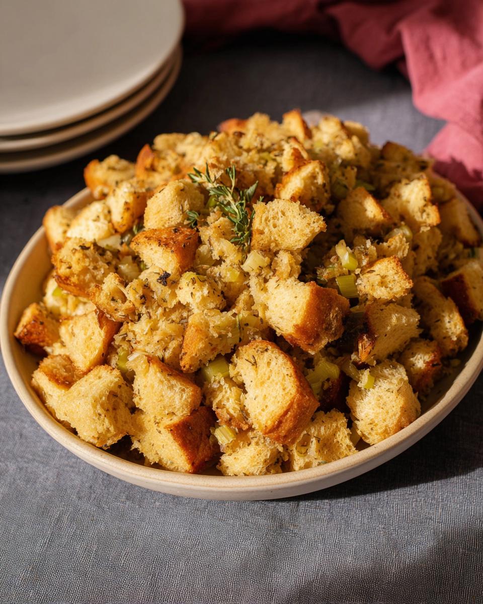 A bowl overflowing with delicious homemade bread stuffing, featuring cubes of toasted bread, celery, and herbs.