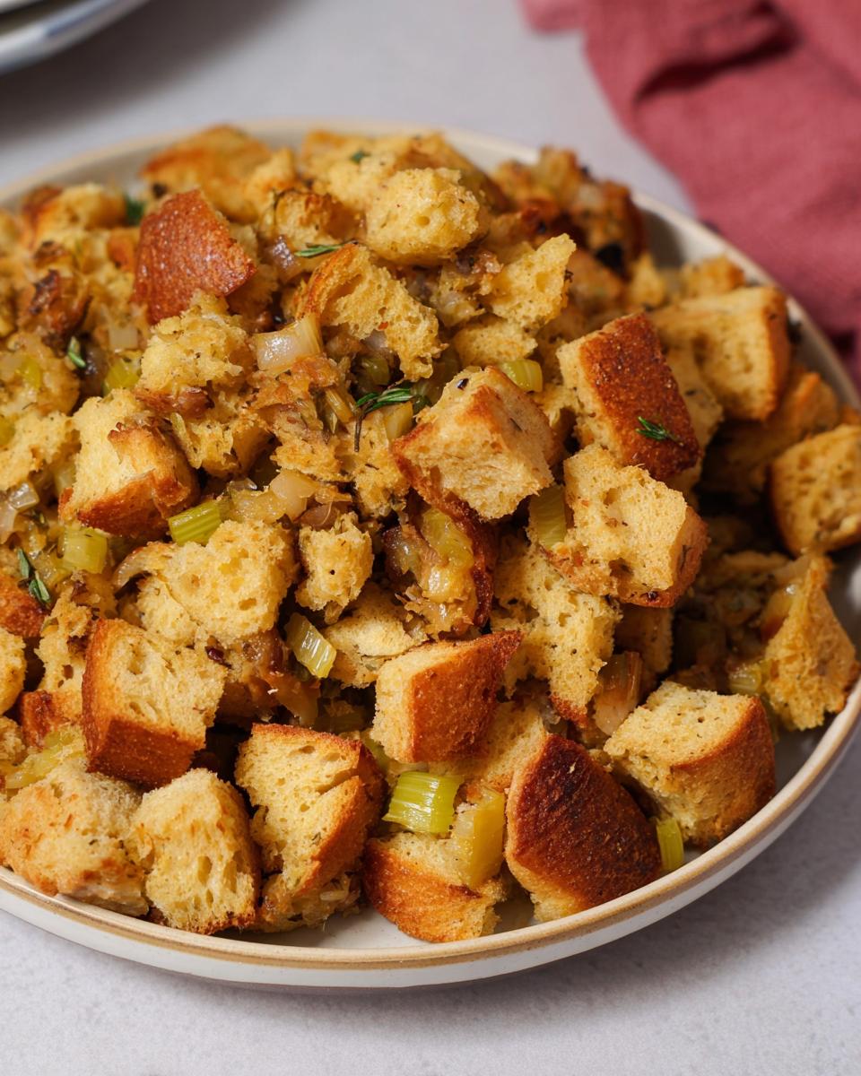 Close-up of a bowl filled with classic bread stuffing, featuring chunks of toasted bread, celery, and onions.
