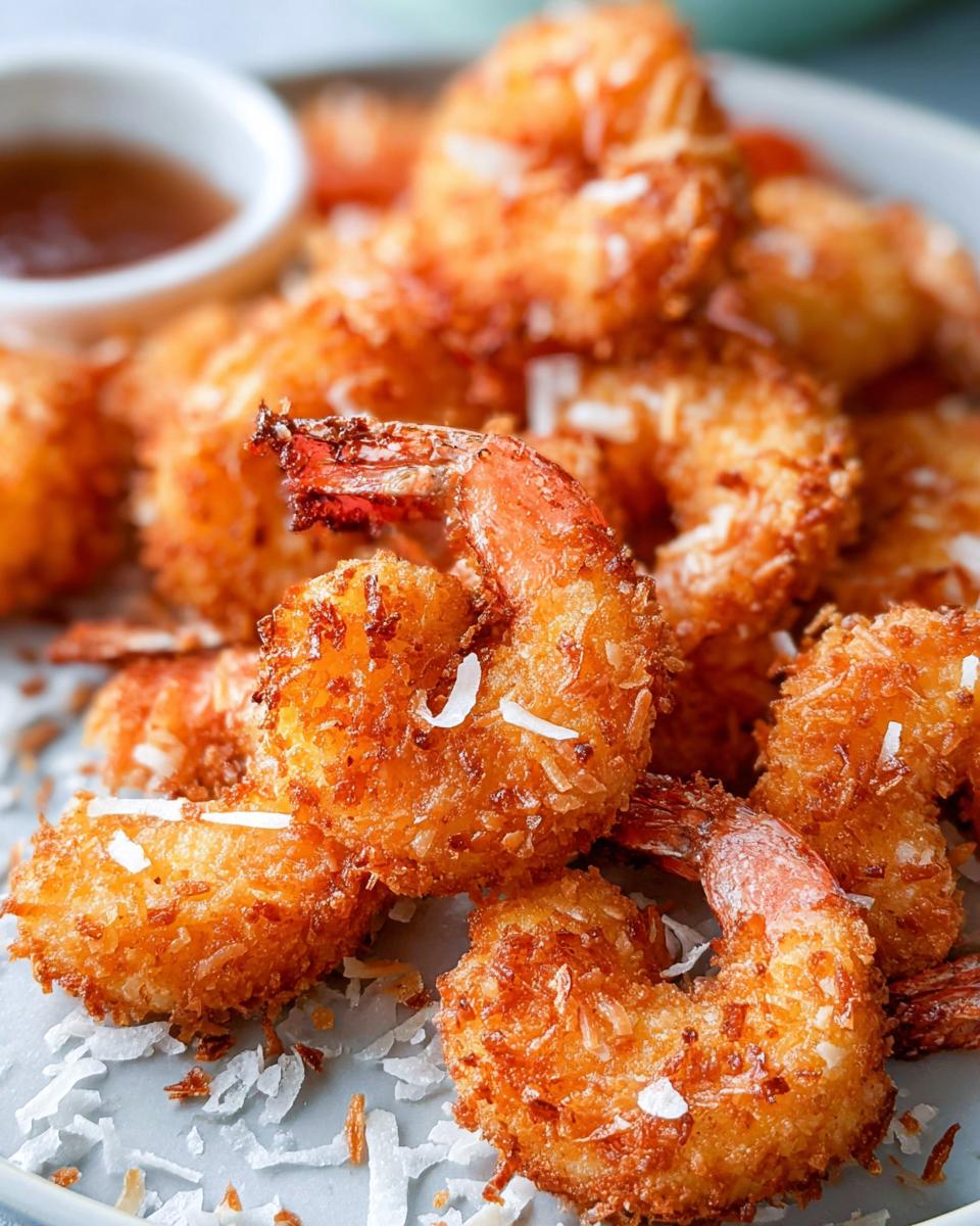 Close-up of crispy coconut shrimp, a delicious shrimp recipe idea for busy weeknights, served with a dipping sauce.