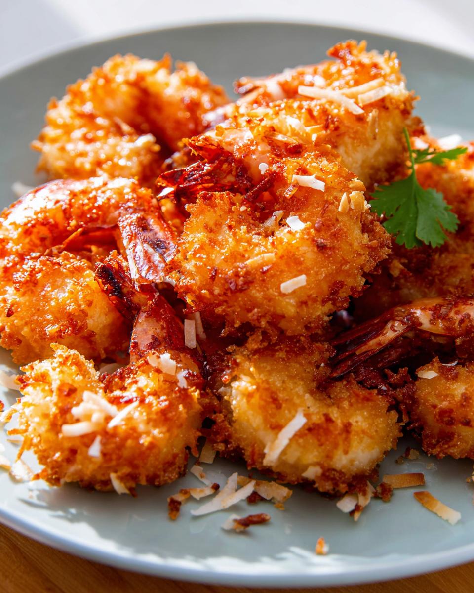 Close-up of crispy coconut shrimp, a popular shrimp recipe, on a light blue plate with shredded coconut and a sprig of parsley.