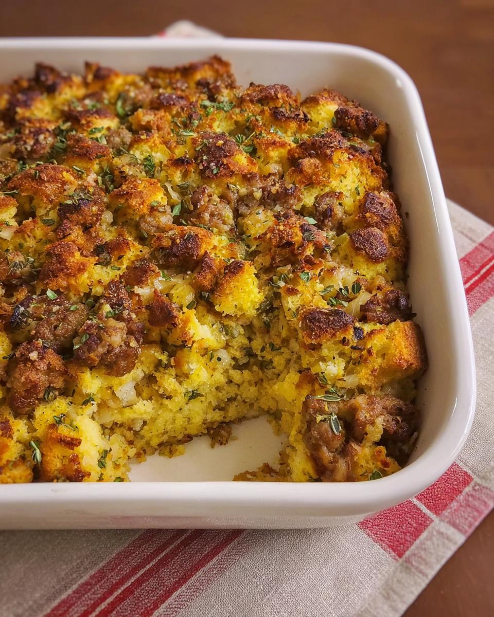 A close-up of a white baking dish filled with golden cornbread stuffing, studded with sausage and herbs.