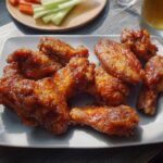 A plate of delicious, glazed chicken wings, perfect for when you crave chicken wings recipes. Served with celery and carrot sticks.