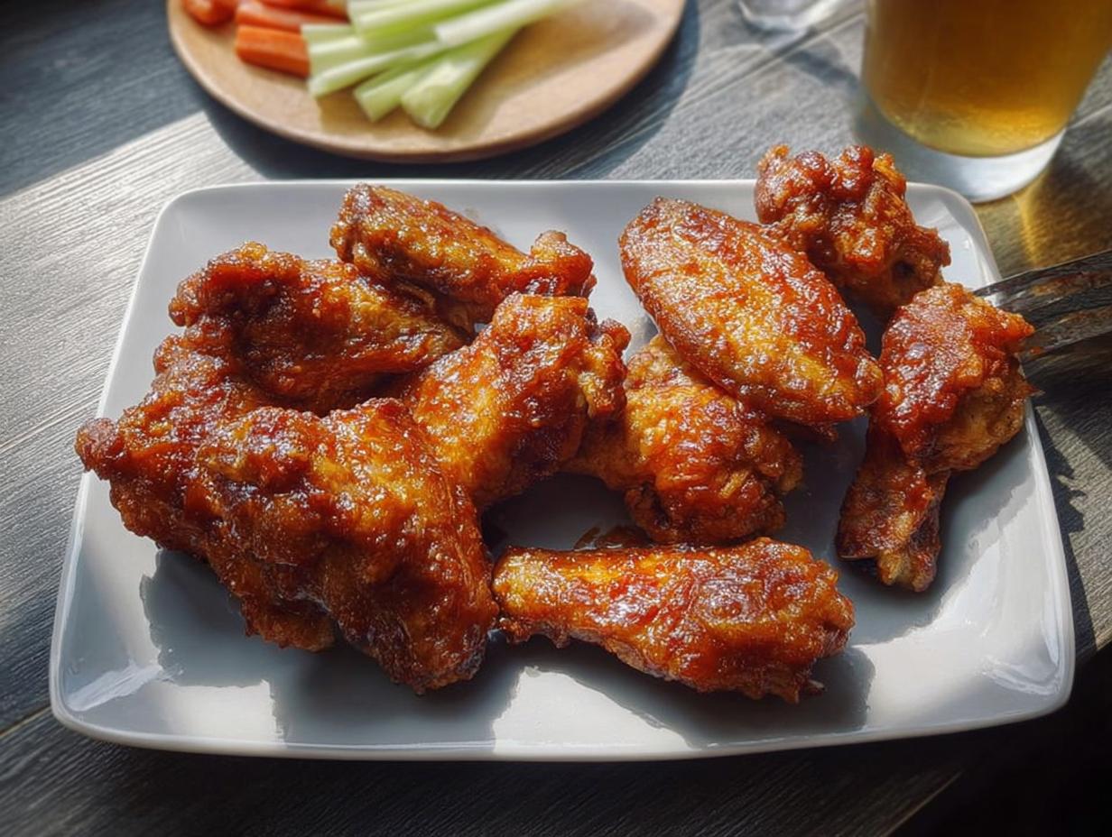 A plate of delicious, glazed chicken wings, perfect for when you crave chicken wings recipes. Served with celery and carrot sticks.