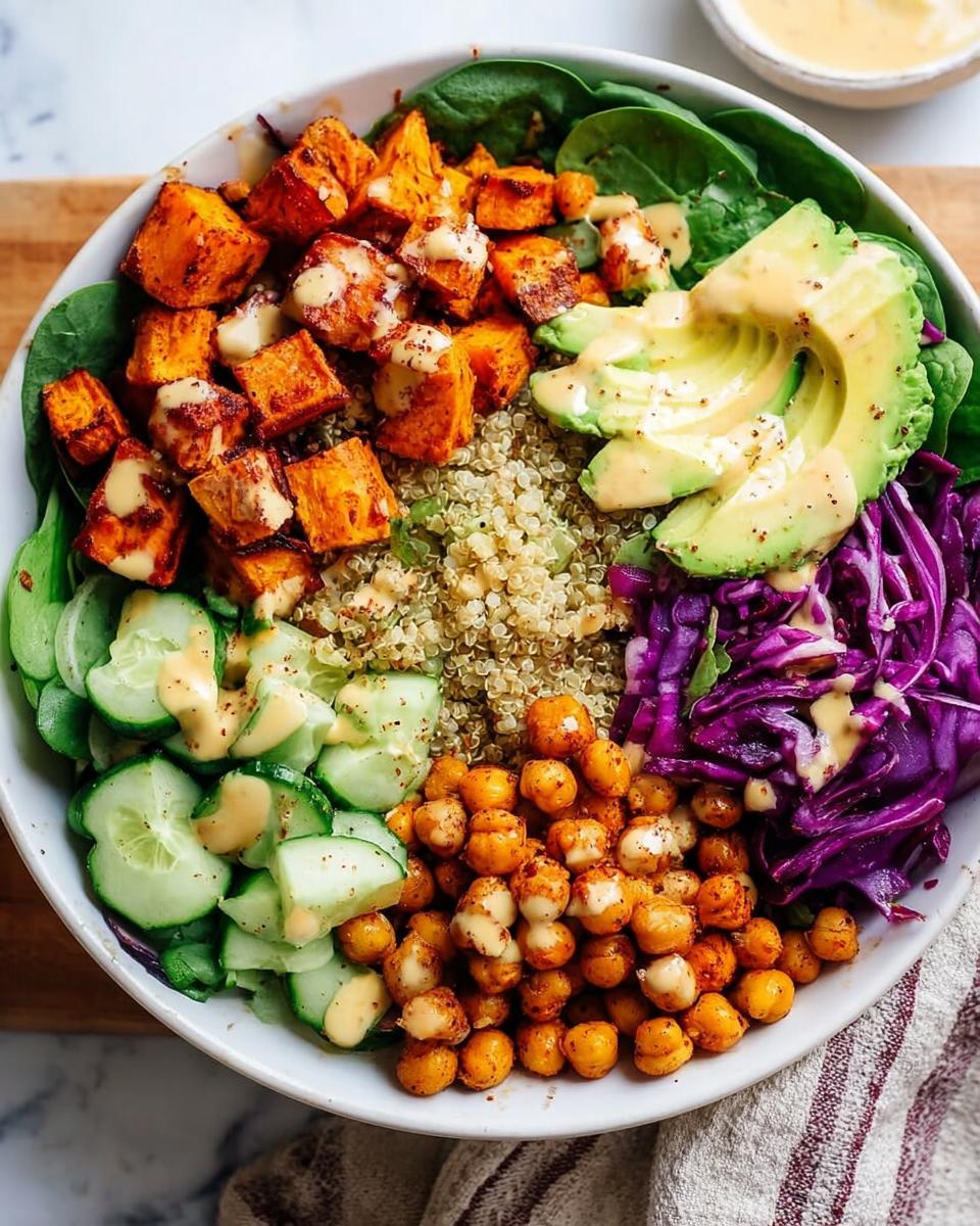 A vibrant and healthy rice bowl featuring quinoa, roasted sweet potatoes, avocado, chickpeas, cucumber, and red cabbage, drizzled with dressing.