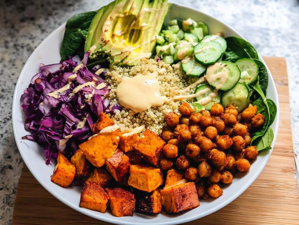 A vibrant and healthy rice bowl recipe featuring quinoa, roasted sweet potatoes, chickpeas, red cabbage, cucumber, avocado, and a creamy dressing.