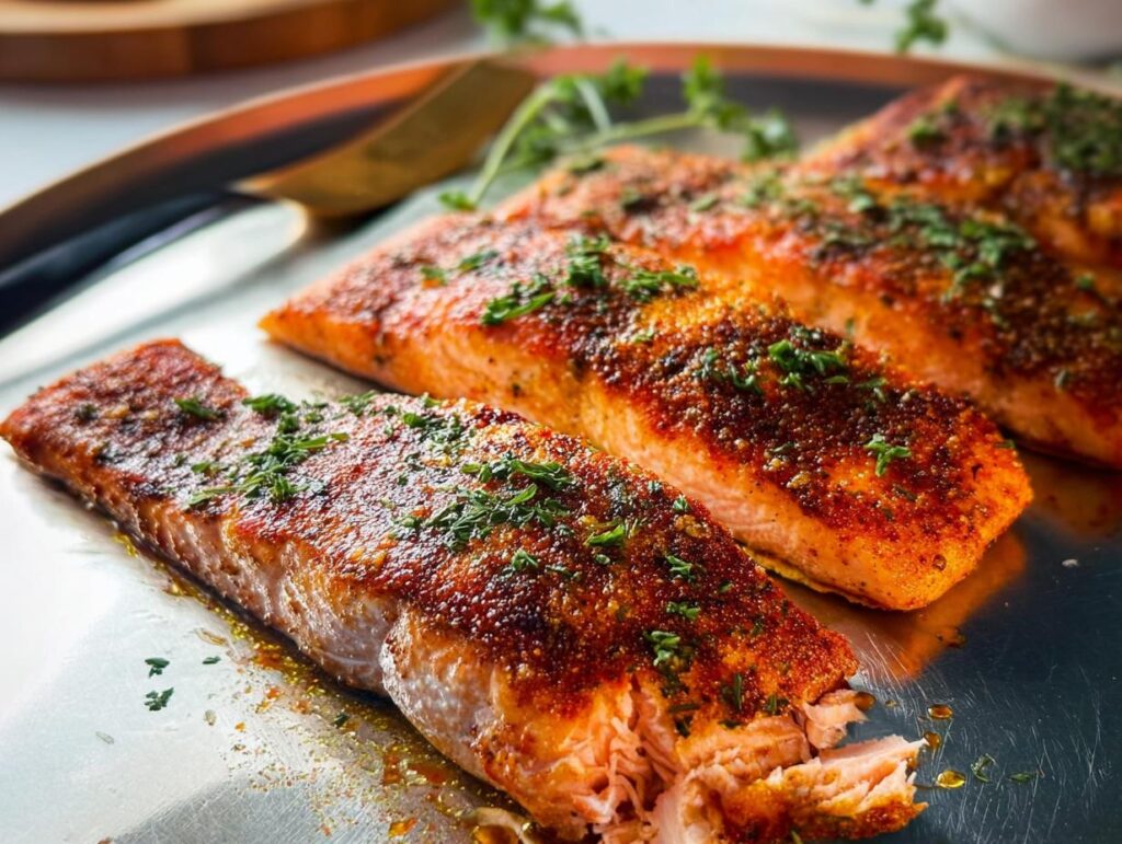 Three perfectly cooked salmon fillets seasoned and garnished with herbs, ready to be served.