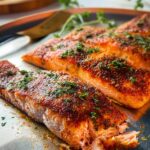 Three perfectly cooked salmon fillets seasoned and garnished with herbs, ready to be served.