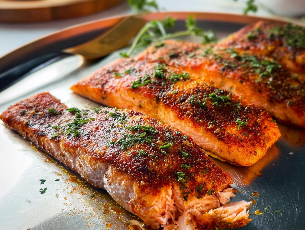 Three perfectly cooked salmon fillets seasoned and garnished with herbs, ready to be served.