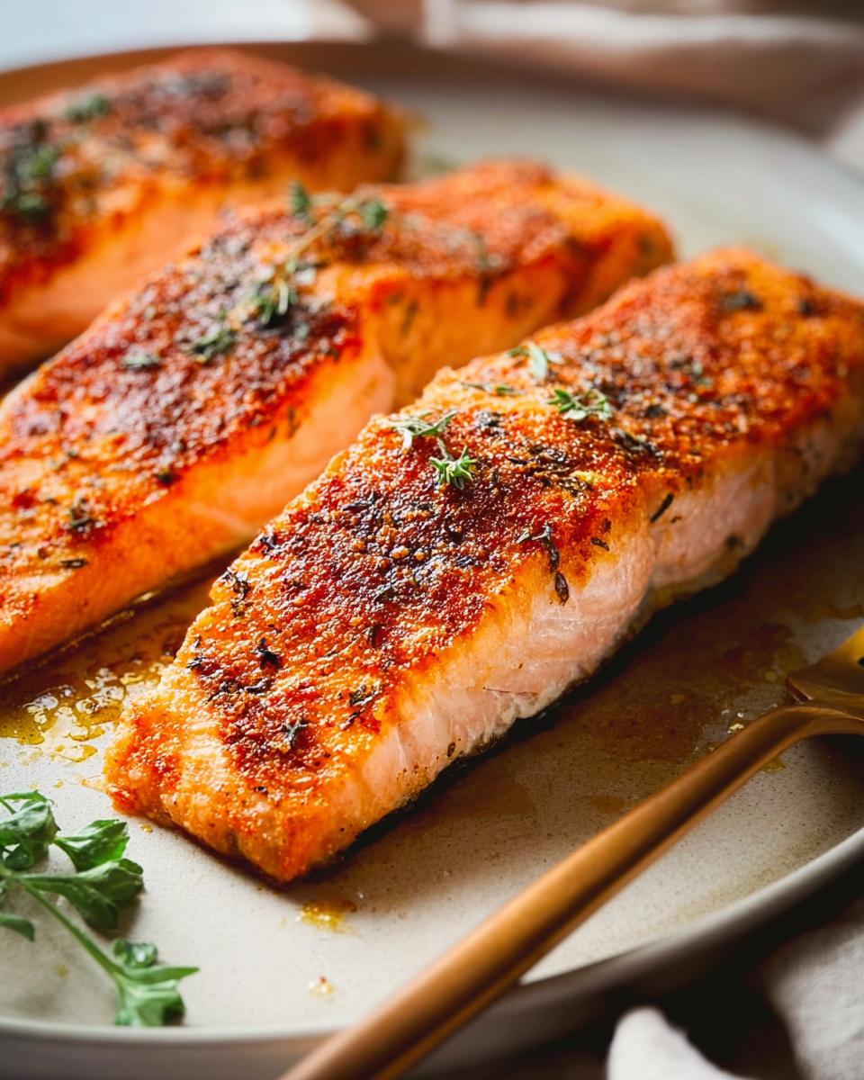 Close-up of three pan-seared salmon fillets seasoned with herbs and spices, ready to be served.