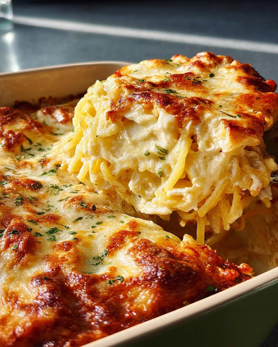 A serving spoon lifts a portion of creamy baked spaghetti casserole, topped with melted golden cheese and parsley.