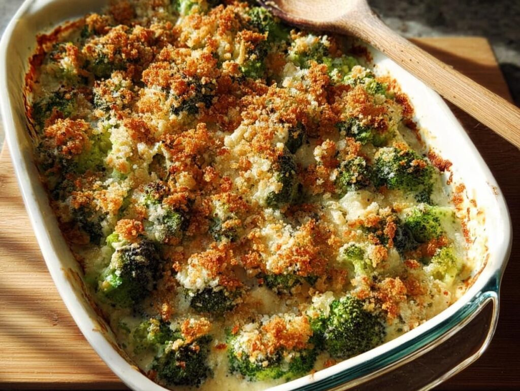 A close-up of a creamy broccoli casserole with a golden breadcrumb topping, a perfect veggie side dish.