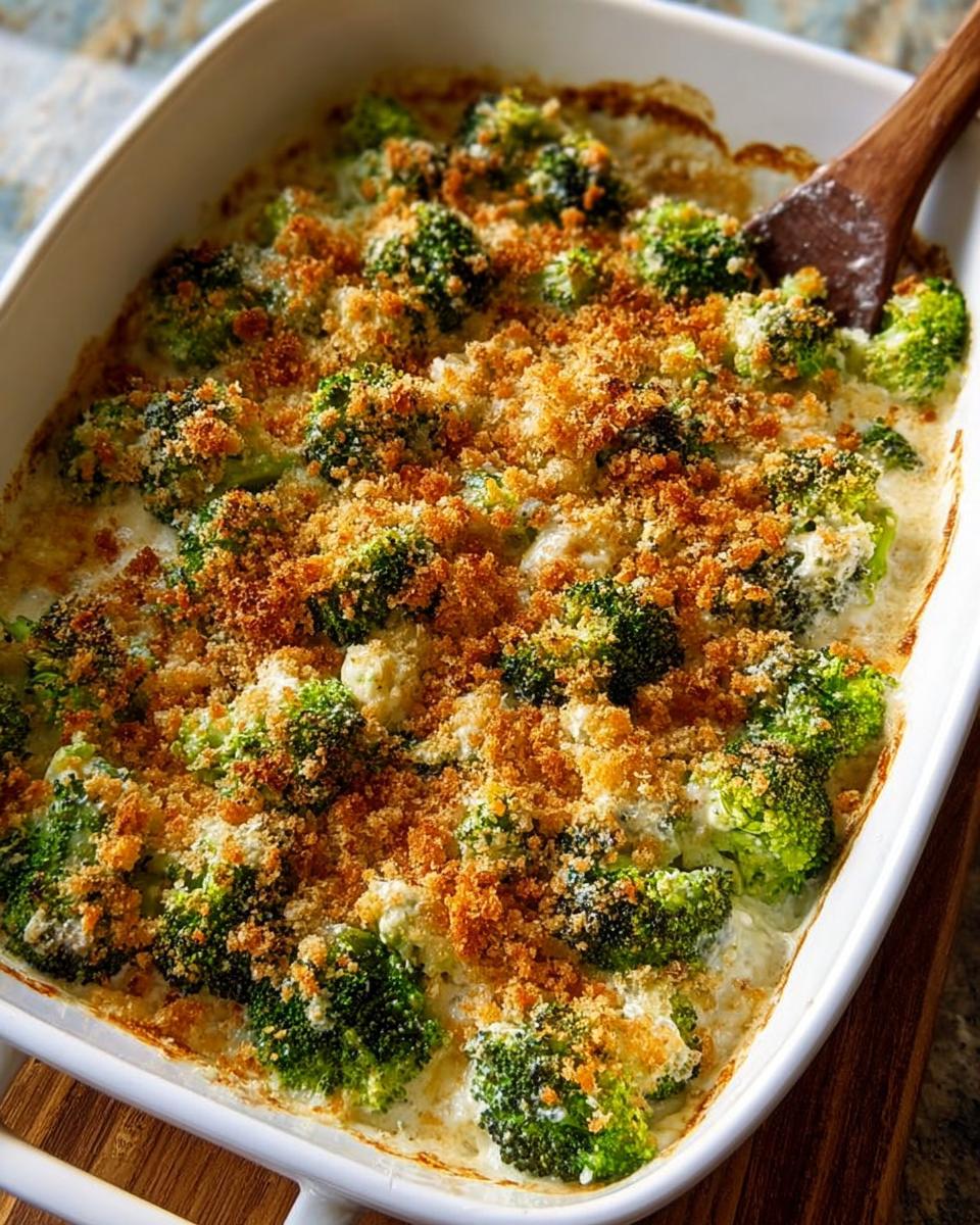 Close-up of a creamy broccoli casserole with a golden breadcrumb topping, perfect for veggie sides recipes.