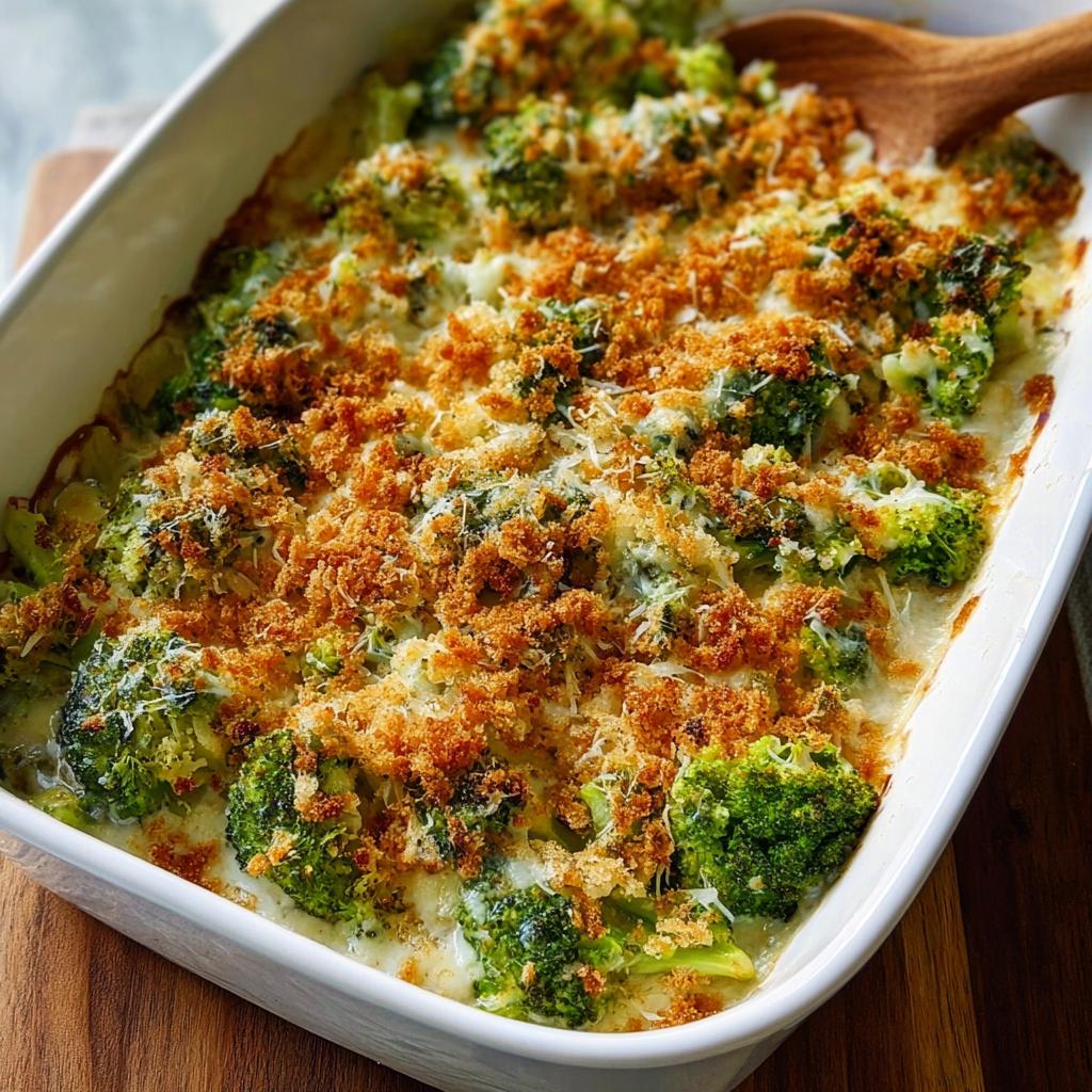 A close-up of a creamy broccoli casserole with a golden breadcrumb topping, perfect for veggie sides recipes.