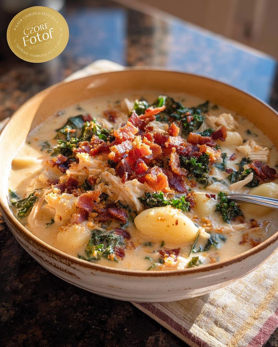 A close-up of a hearty bowl of creamy chicken gnocchi soup, topped with crispy bacon and kale.
