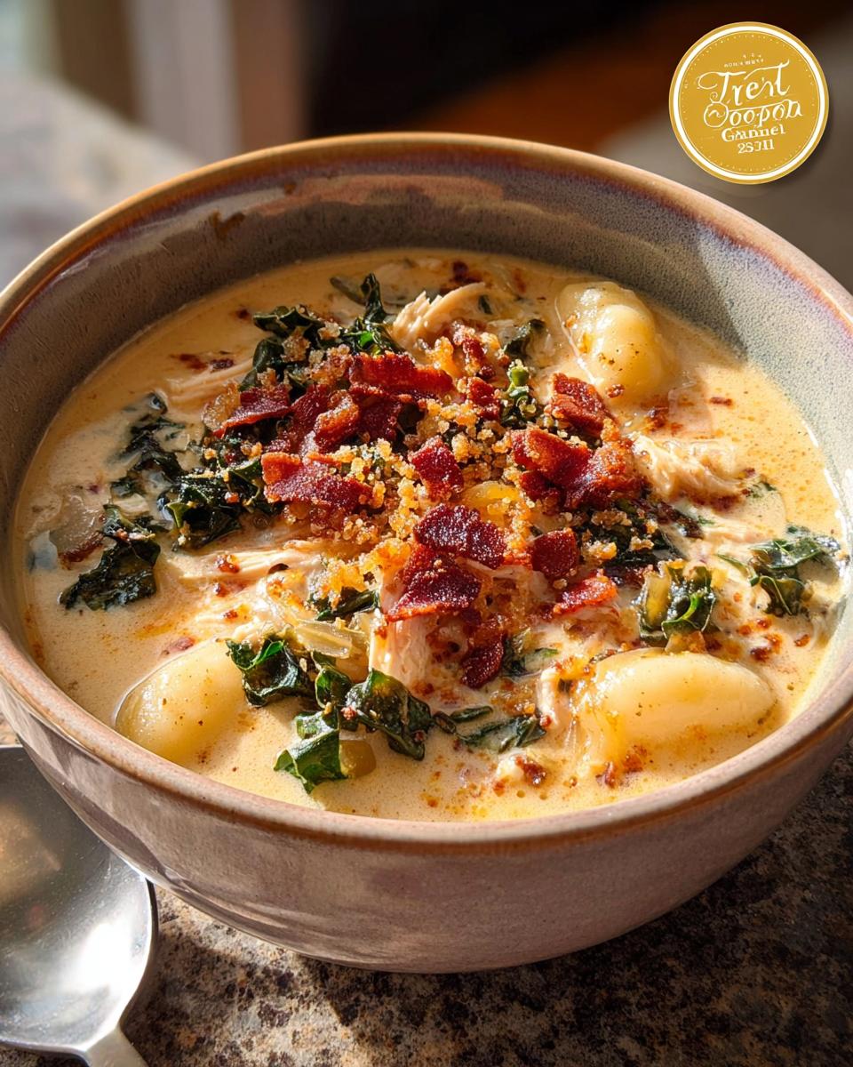 A close-up of a hearty bowl of creamy chicken gnocchi soup, topped with crispy bacon and kale.