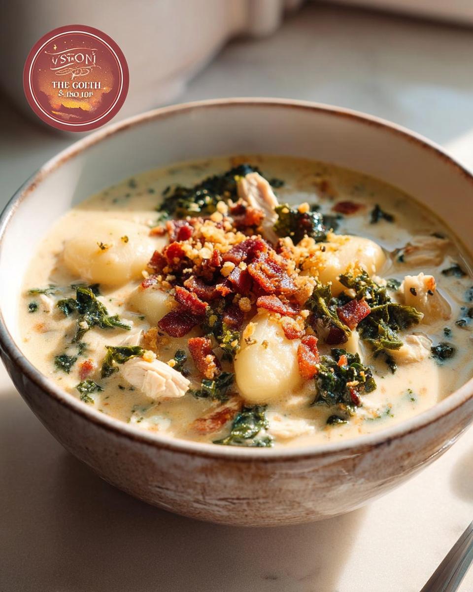 Close-up of a bowl of creamy chicken gnocchi soup with kale and bacon, part of The Only Soup Recipes Recipe You’ll Need (2025).