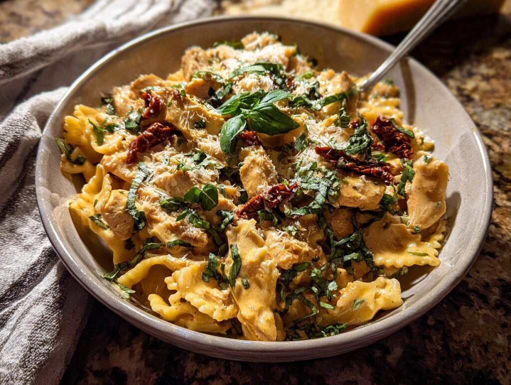 A close-up of a creamy chicken pasta bowl with farfalle pasta, sun-dried tomatoes, and fresh basil.
