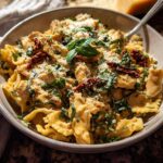 A close-up of a creamy chicken pasta bowl with farfalle pasta, sun-dried tomatoes, and fresh basil.