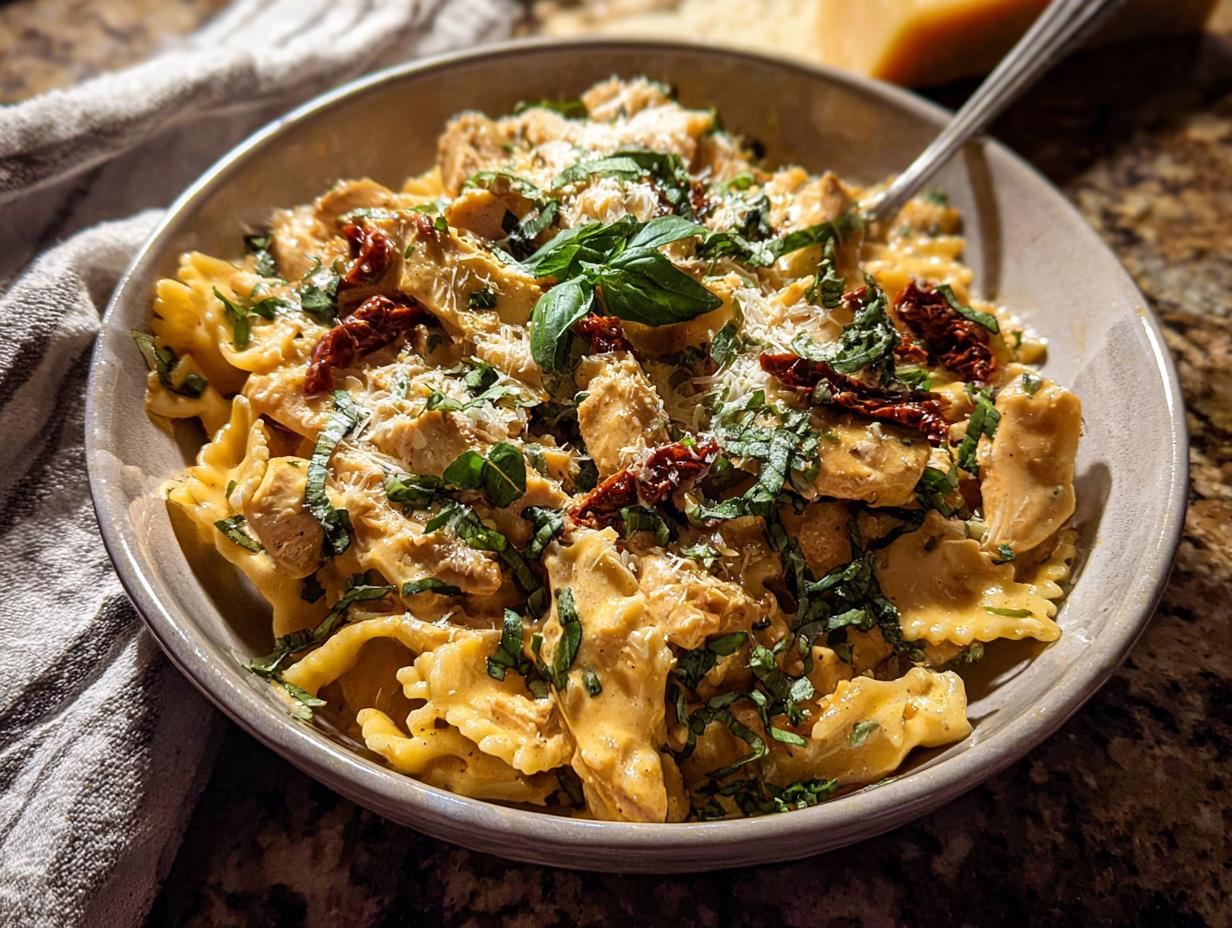A close-up of a creamy chicken pasta bowl with farfalle pasta, sun-dried tomatoes, and fresh basil.