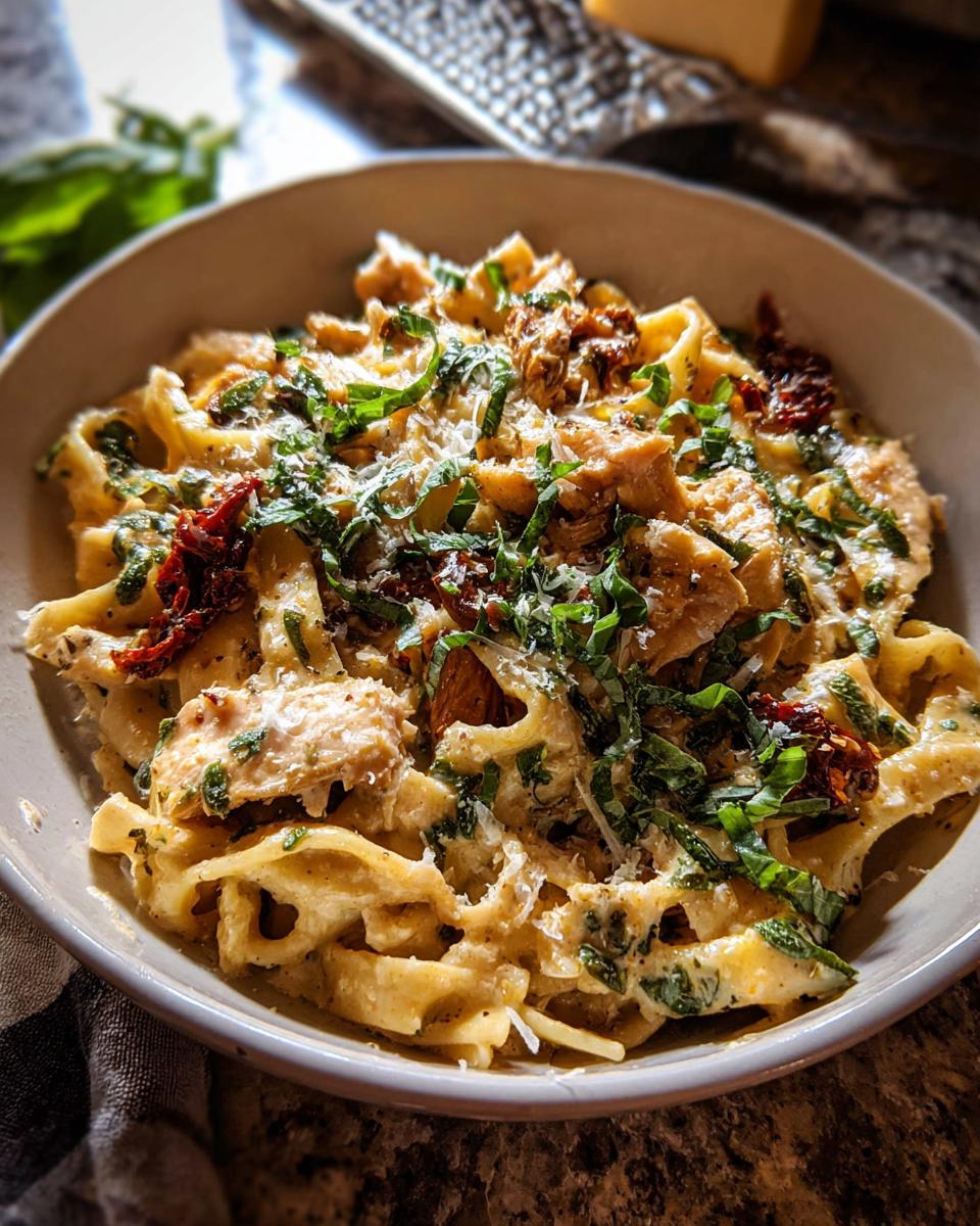 A close-up of creamy fettuccine pasta with shredded chicken, sun-dried tomatoes, and fresh basil, topped with grated Parmesan cheese.
