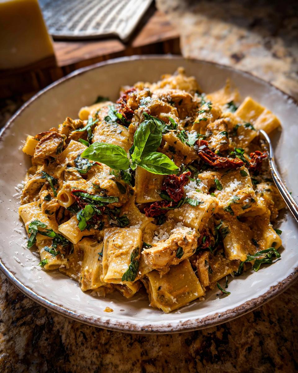 A close-up of creamy chicken pasta with sun-dried tomatoes and fresh basil, garnished with Parmesan cheese.