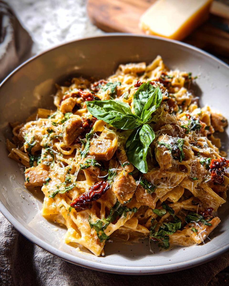 A close-up of creamy chicken pasta with sun-dried tomatoes and fresh basil, part of The Only Rice Bowls Recipes Recipe You’ll Need.