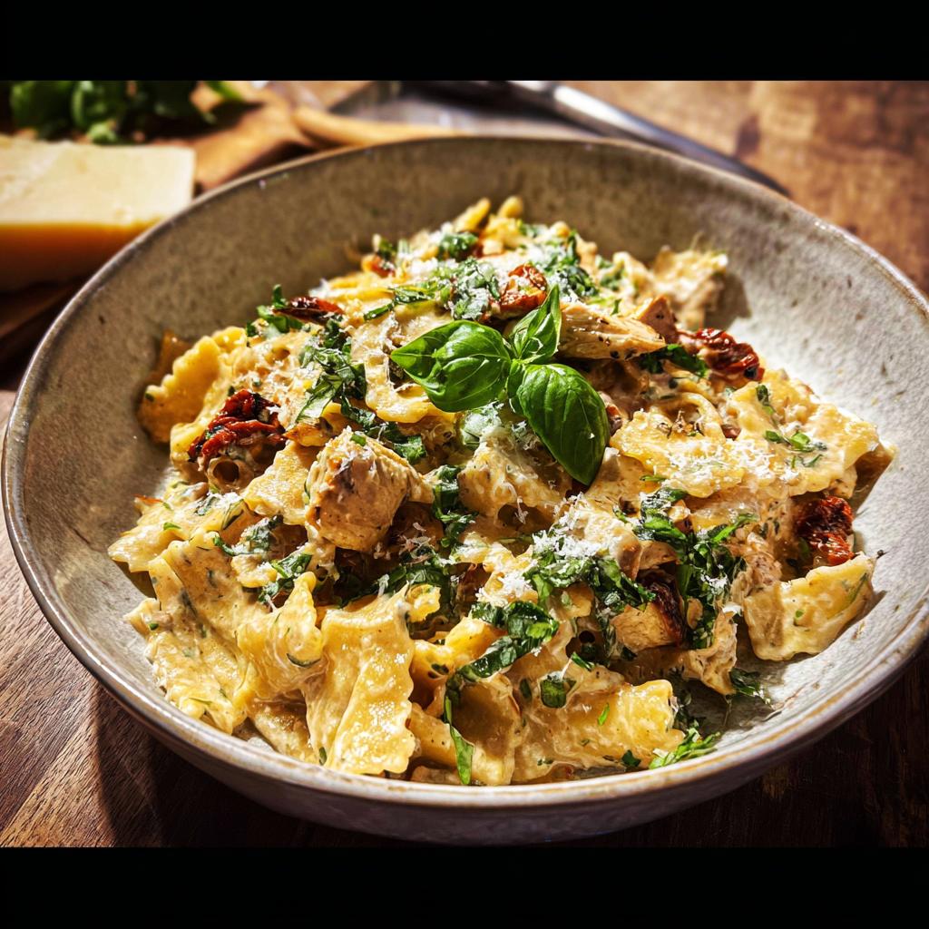 A bowl of creamy chicken pasta with sun-dried tomatoes and fresh basil, a delicious rice bowls recipe.