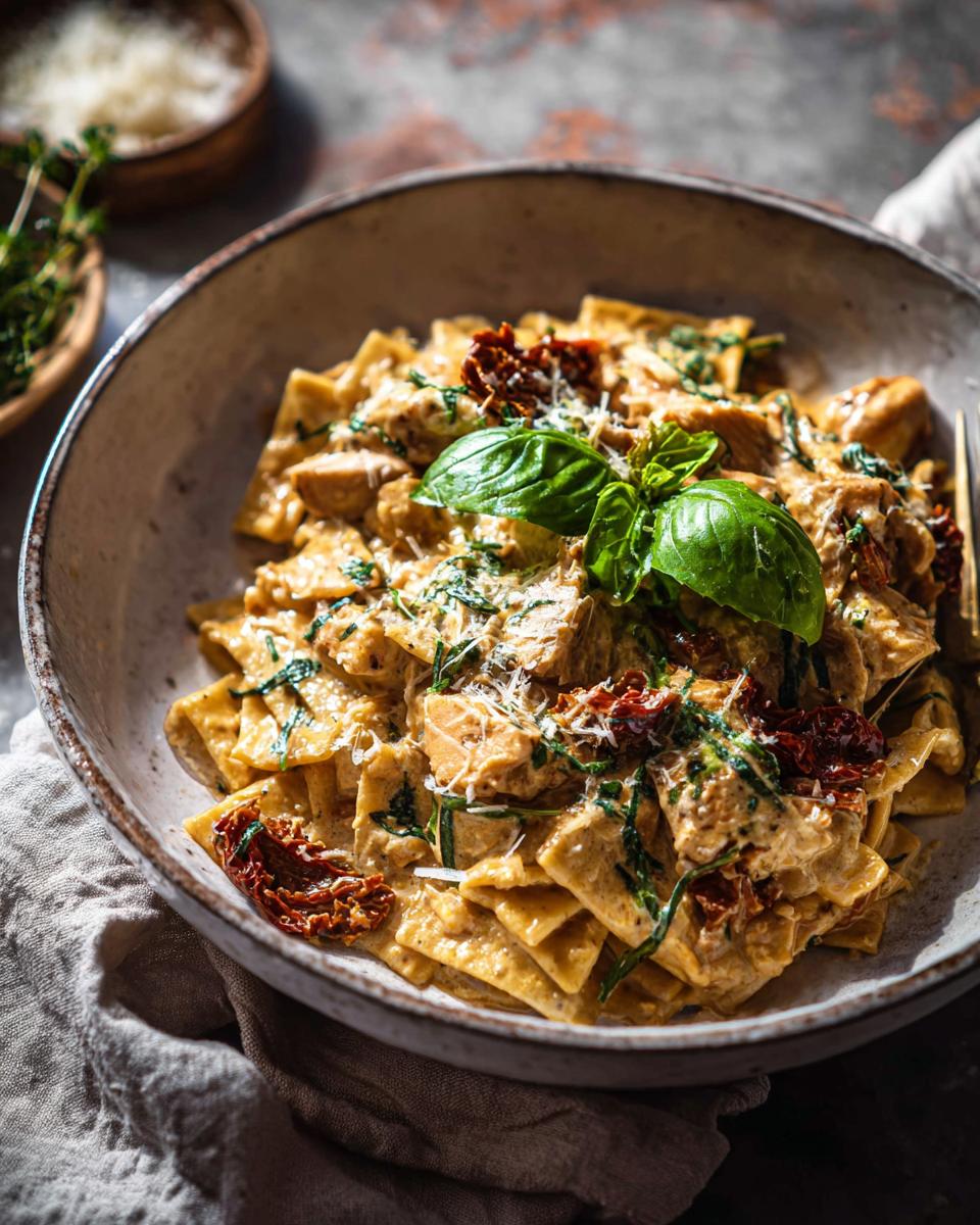 A close-up of a rustic bowl filled with creamy pasta, chicken pieces, sun-dried tomatoes, and fresh basil.