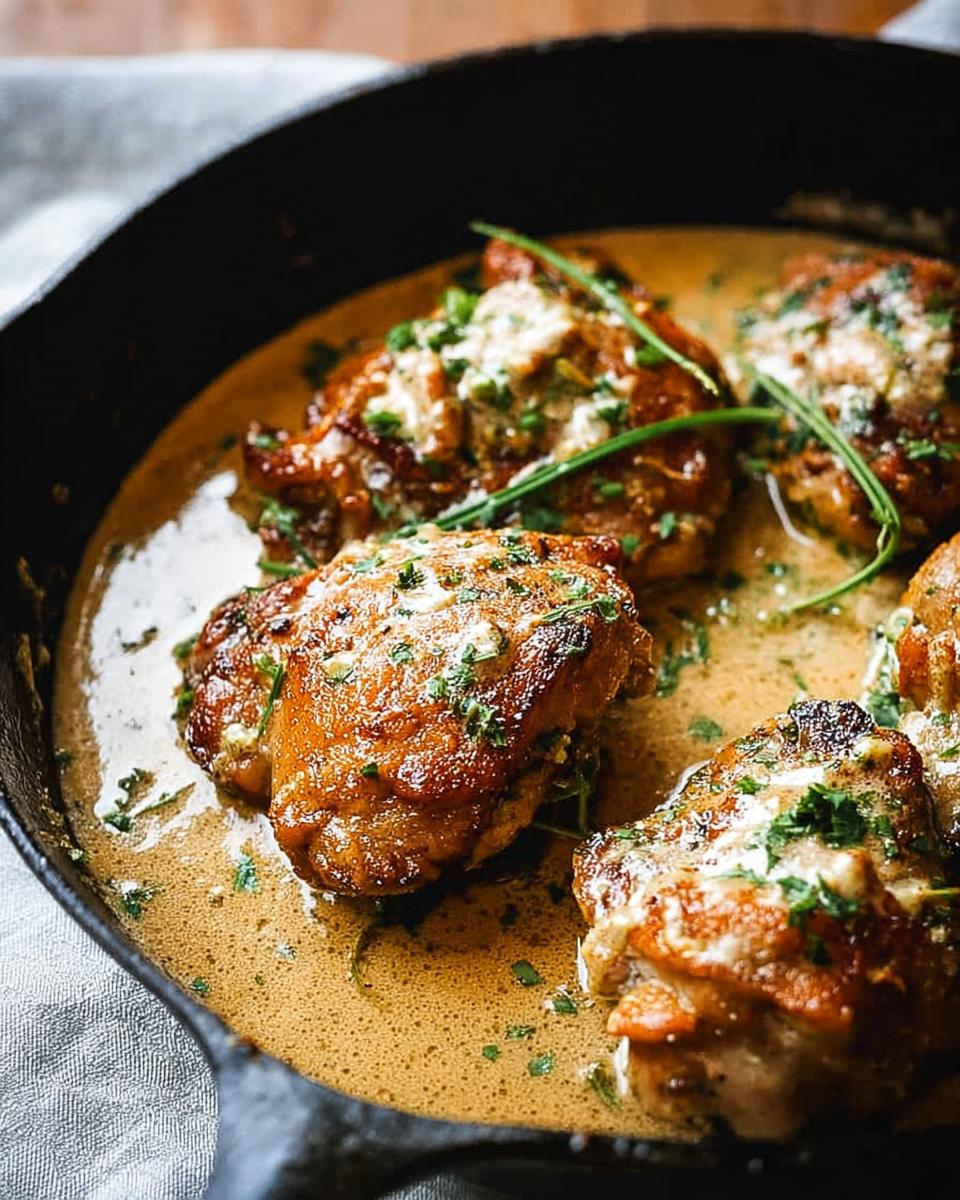 Close-up of tender chicken thighs simmered in a creamy sauce, garnished with fresh herbs.