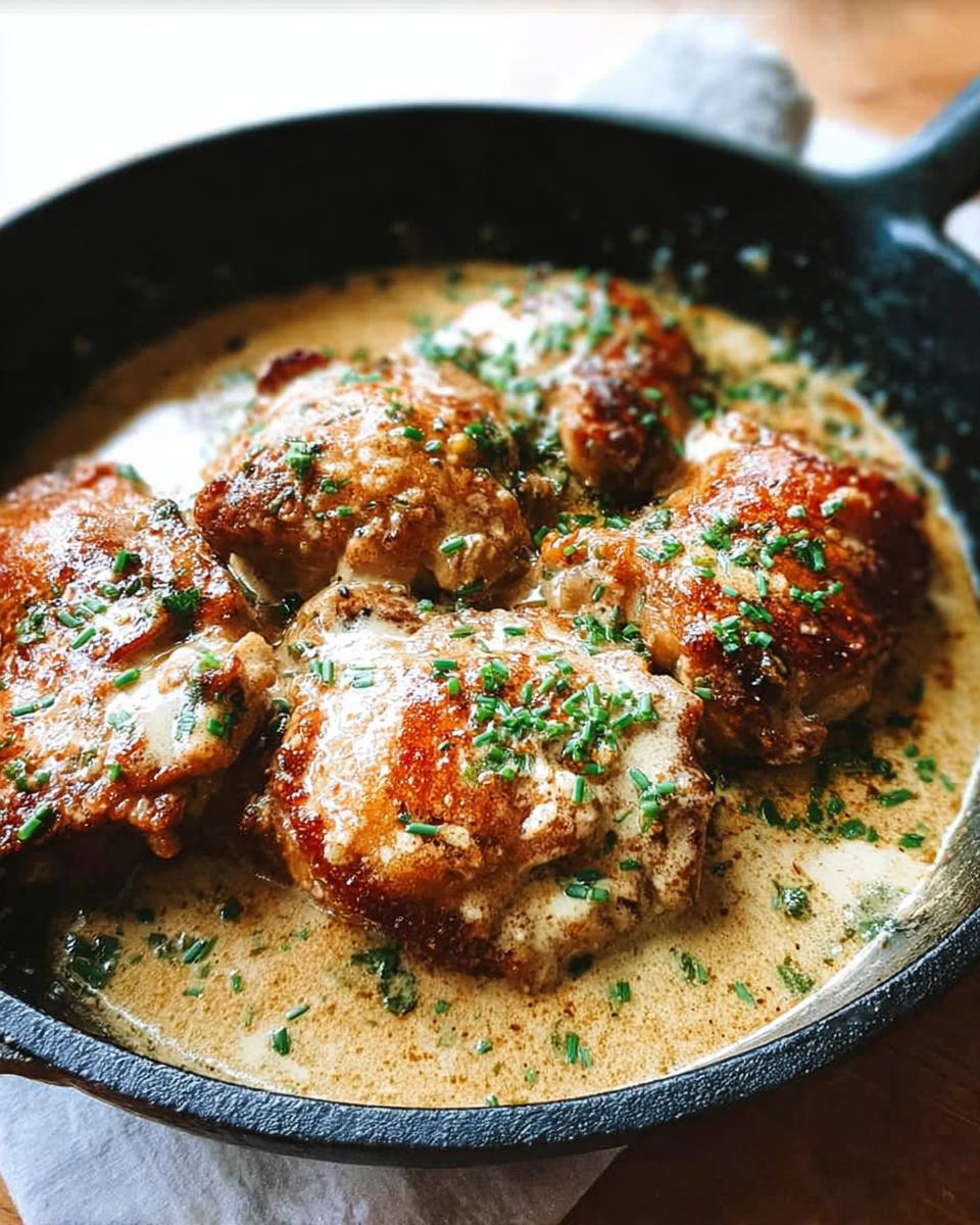 A close-up of succulent chicken thighs simmered in a creamy sauce, garnished with fresh chives, perfect for beginner chicken thigh recipes.