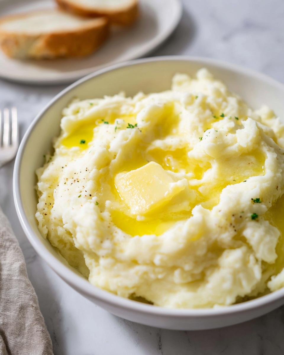 Close-up of a bowl of creamy mashed potatoes topped with butter and herbs, a quick and easy mashed potatoes recipe.