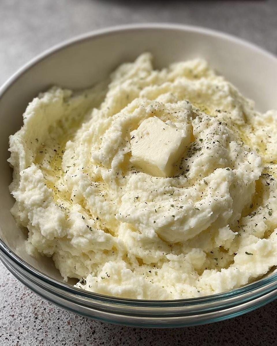A bowl of fluffy mashed potatoes topped with a pat of butter and sprinkled with herbs.