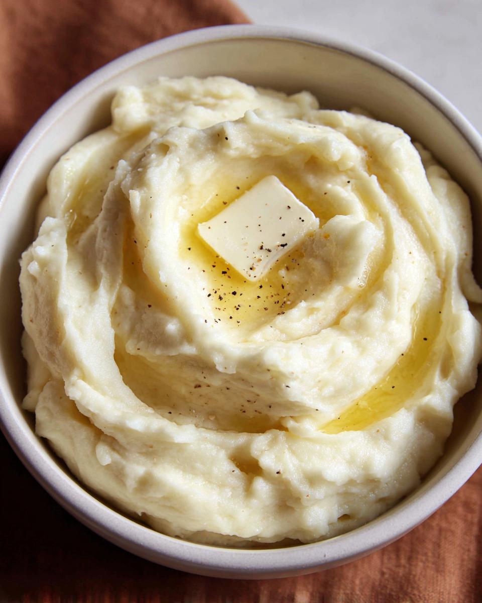 Close-up of a bowl of creamy mashed potatoes topped with a pat of butter and black pepper.