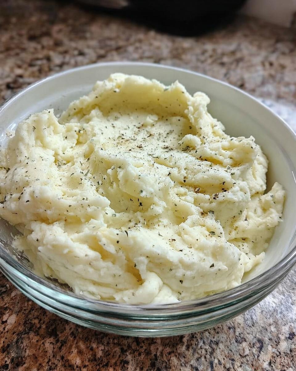 Close-up of a bowl of fluffy mashed potatoes, seasoned with herbs and pepper, ready to serve.