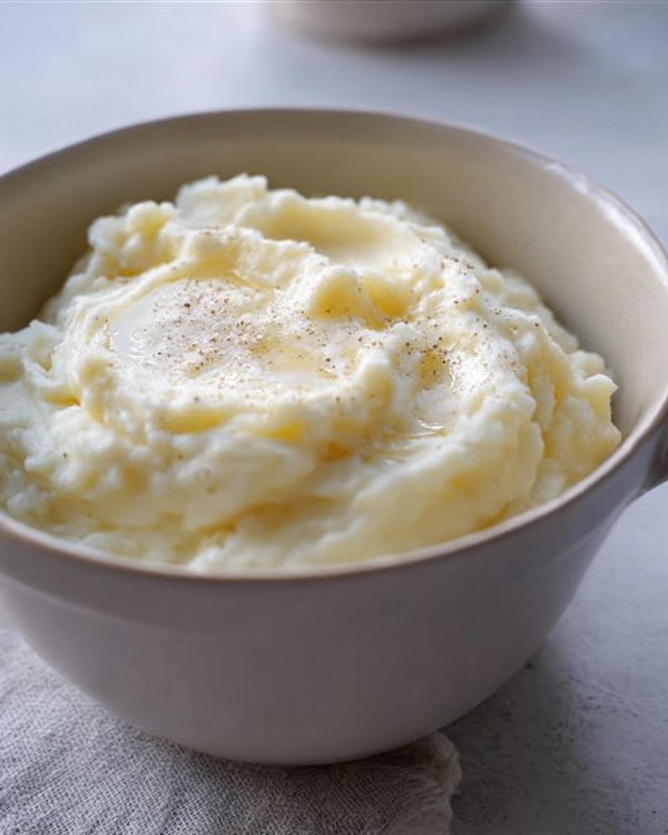 Close-up of a bowl of creamy mashed potatoes, topped with melted butter and pepper, perfect for mashed potatoes recipes meal prep.