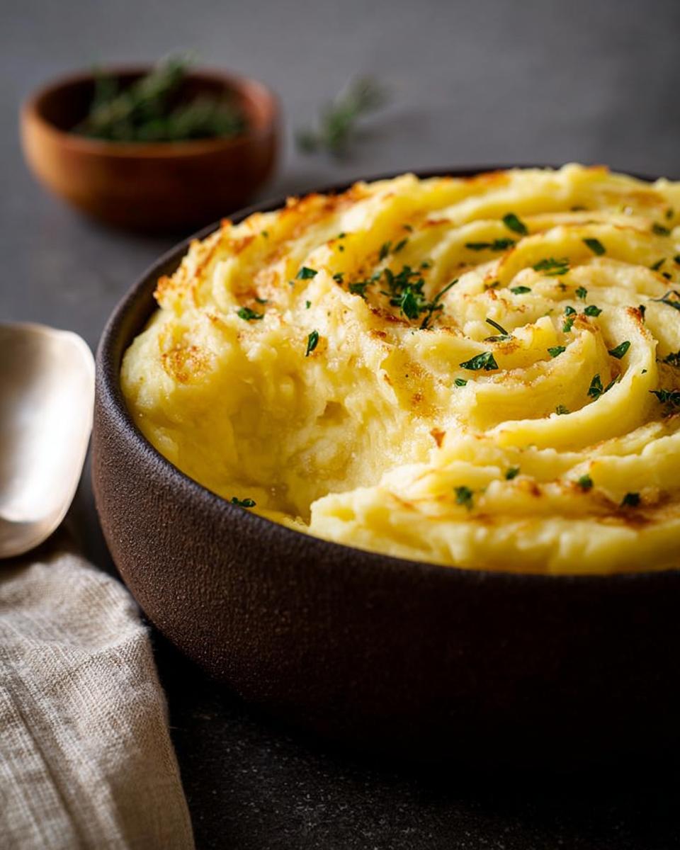 A close-up of a bowl of creamy mashed potatoes, swirled and garnished with fresh parsley.