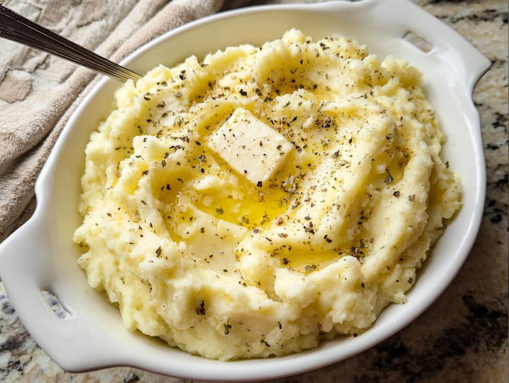 Close-up of creamy mashed potatoes recipe topped with melted butter and herbs in a white dish.