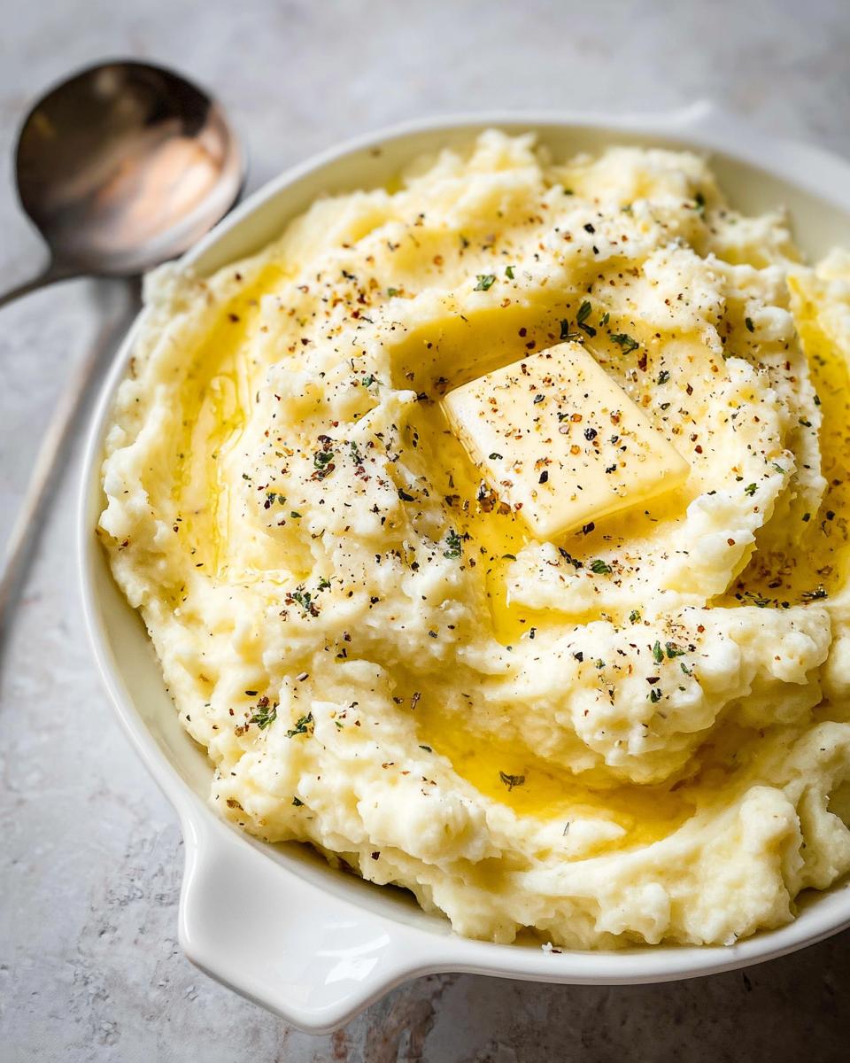 Close-up of creamy mashed potatoes recipe, topped with melting butter, herbs, and cracked pepper.