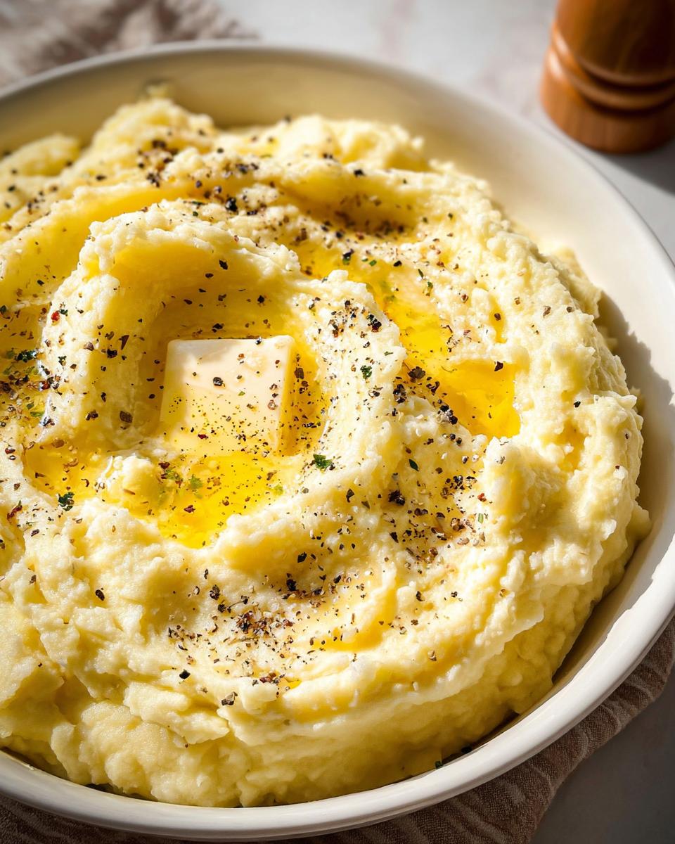 Close-up of creamy mashed potatoes recipe, topped with melting butter, cracked black pepper, and herbs.