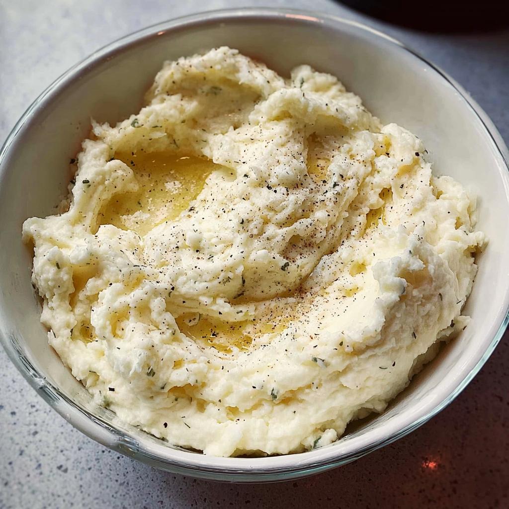 A close-up of creamy mashed potatoes recipe, topped with melted butter, black pepper, and herbs in a white bowl.