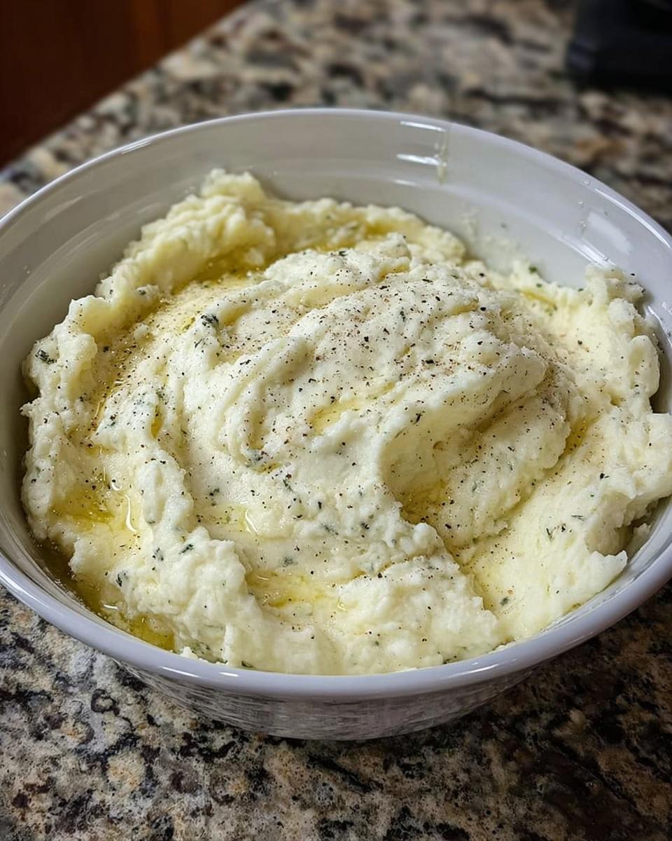 A close-up of a bowl of creamy mashed potatoes, drizzled with melted butter and seasoned with herbs and pepper.