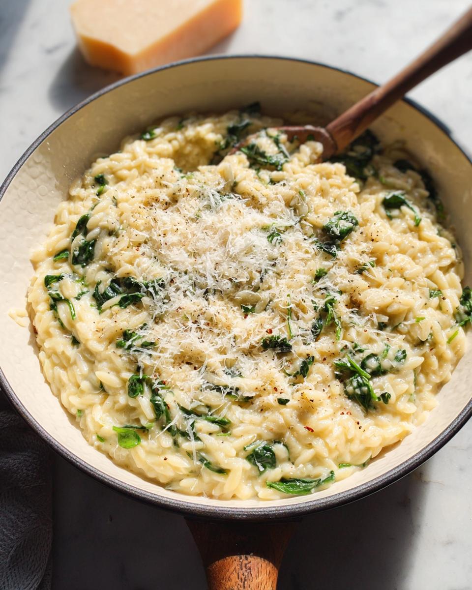 A close-up of creamy orzo pasta with wilted spinach, topped with grated Parmesan cheese. This is one of the best veggie sides recipes.