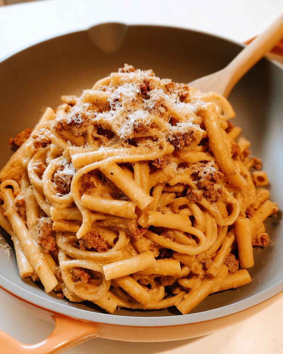 Close-up of a bowl of creamy pasta with meat sauce, topped with grated cheese. A delicious pasta recipe for busy weeknights.